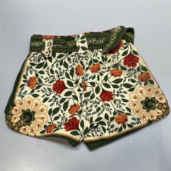 Farm Rio Women’s Sand Garden Tapestry Belted Shorts – Green Multi – Size 24 - Picture 2 of 12